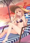  anklet barefoot beach beach_umbrella bikini blonde_hair blush bracelet breasts chair cleavage cloud crazy_straw cup drink drinking_glass drinking_straw food fruit fukahire_(ruinon) hat hat_ribbon heart heart_necklace heart_print heart_straw jewelry knee_up long_hair looking_at_viewer lounge_chair medium_breasts million_arthur_(series) navel necklace orange outdoors parted_lips pendant print_bikini red_eyes red_ribbon ribbon side-tie_bikini sitting sky smile solo sun_hat swimsuit twilight umbrella 