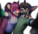  2017 black_lips blue_fur canine clothed clothing duo feline female fur grey_hair hair heterochromia kero_tzuki male mammal open_mouth pink_fur pink_nose purple_hair rodent selfie simple_background smile squirrel teeth tongue white_background yellow_eyes 