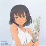  adjusting_clothes adjusting_gloves akagi_(fmttps) bare_shoulders brown_hair commentary_request girls_und_panzer gloves green_eyes grey_background hoshino_(girls_und_panzer) looking_at_viewer putting_on_gloves solo tan tank_top upper_body white_tank_top 