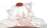  animal_ears closed_eyes hat inubashiri_momiji long_sleeves pom_pom_(clothes) short_hair simple_background sleeping solo terimayo tokin_hat touhou upper_body white_background white_hair wide_sleeves wolf_ears 