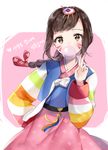  1girl arm_behind_back bad_id bad_twitter_id blowing_bubbles braid brown_eyes brown_hair chewing_gum commentary_request d.va_(overwatch) facial_mark hair_ornament hanbok heart korean_clothes korean_commentary korean_text liby_(libtnvd) looking_at_viewer overwatch overwatch_1 palanquin_d.va pink_skirt sidelocks single_braid skirt solo swept_bangs translated upper_body v whisker_markings 