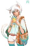  animal_ears bare_shoulders blue_eyes casual cat_ears cat_tail cellphone chocobo earrings facial_mark fat_chocobo final_fantasy final_fantasy_xiv highres jewelry looking_at_viewer miqo'te pechan phone short_hair shorts simple_background smartphone solo standing tail thighhighs white_hair 