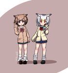  brown_hair commentary_request contemporary eurasian_eagle_owl_(kemono_friends) grey_hair kemono_friends loose_socks lucky_beast_(kemono_friends) multicolored_hair multiple_girls northern_white-faced_owl_(kemono_friends) pleated_skirt sailor_collar school_uniform shoes skirt sleeves_past_fingers sleeves_past_wrists sweater usa_(dai9c_carnival) uwabaki white_hair 