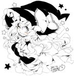  blush bow braid breasts cleavage dated eyebrows_visible_through_hair finger_to_mouth grin hair_bow hat index_finger_raised iroyopon kirisame_marisa long_hair looking_at_viewer medium_breasts monochrome one_eye_closed open_mouth signature smile solo star teeth touhou witch_hat 