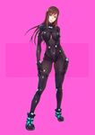  arms_at_sides bangs black_bodysuit bodysuit breasts brown_eyes brown_hair contrapposto covered_navel curvy full_body gantz gantz_suit highres large_breasts long_hair looking_at_viewer parted_lips pink_background shimohira_reika skin_tight smile solo spandex standing swept_bangs yuuji_(and) 