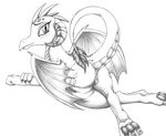  2017 absurd_res butt claws dragon female friendship_is_magic graboiidz hi_res horn looking_at_viewer membranous_wings monochrome my_little_pony princess_ember_(mlp) pussy solo traditional_media_(artwork) wings 