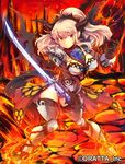  armor blonde_hair blue_flower blue_rose breasts character_request cleavage copyright_request eyebrows_visible_through_hair flower holding holding_sword holding_weapon horns iroyopon large_breasts long_hair looking_at_viewer orange_eyes ponytail rose solo sword weapon 