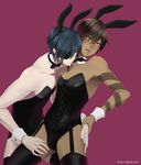  animal_ears artist_name bare_shoulders black_hair blush bow bowtie brown_hair bunny_boy bunny_ears collarbone crossdressing dark_skin dark_skinned_male detached_collar elbow_gloves fake_animal_ears gelze gloves leotard looking_at_another male_focus multiple_boys ookurikara purple_background shiny shiny_clothes shiny_skin shokudaikiri_mitsutada short_hair tattoo thighhighs touken_ranbu yaoi yellow_eyes 