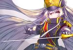  altair_(re:creators) armband bad_id bad_pixiv_id bangs belt black_hat buttons covered_mouth epaulettes eyebrows_visible_through_hair floating_hair gauntlets hands_up hat high_collar highres holding holding_sword holding_weapon lavender_hair long_hair looking_at_viewer military military_uniform outstretched_arm re:creators red_eyes saber_(weapon) sawawse shako_cap sidelocks solo sword tassel twintails uniform upper_body very_long_hair weapon wind 