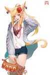  absurdres animal_ears blonde_hair blue_eyes casual cat_ears cat_tail earrings facial_mark final_fantasy final_fantasy_xiv flower hair_flower hair_ornament highres jewelry long_hair miqo'te necklace pechan shorts simple_background solo standing tail 