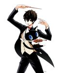  amamiya_ren baton_(instrument) black_hair blue_eyes bow bowtie brown_eyes cat coattails commentary_request eyelashes fang gelze glasses instrument male_focus morgana_(persona_5) persona persona_5 short_hair simple_background smile violin waistcoat white_background 