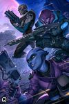  2girls alien angara asari assault_rifle blue_skin cyclone_(mass_effect) green_eyes grey_skin grin gun handgun jaal_ama_darav kuroi-tsuki mass_effect mass_effect:_andromeda multiple_girls naladen pelessaria_b'sayle purple_skin rifle science_fiction scouter sidewinder_(mass_effect) smile sniper_rifle turian vetra_nyx weapon 