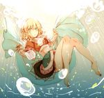  afloat arm_warmers atoki barefoot black_skirt blonde_hair brown_shirt bubble commentary_request frills full_body green_eyes highres looking_at_viewer mizuhashi_parsee pointy_ears sash scarf shawl shirt short_hair skirt solo touhou underwater white_scarf wide_sleeves 