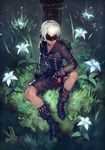  absurdres android apple blindfold boots buckle buttons chain choker flower food fruit gloves glowing grass highres holding holding_food holding_fruit katahira_(hiyama) male_focus nier_(series) nier_automata patterned_clothing shorts sitting solo strap sword weapon white_flower white_hair yorha_no._9_type_s 