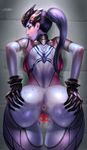  anus ass ass_grab backboob backless_outfit blush bodysuit breasts censored gloves grabbing_own_ass large_breasts looking_back looking_down novelty_censor overwatch ponytail purple_hair purple_skin pussy sgk solo spread_ass sweat thighs visor widowmaker_(overwatch) yellow_eyes 