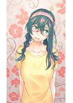  alternate_costume alternate_hairstyle arms_behind_back black_hair braid casual collarbone floral_background floral_print glasses green_eyes hair_between_eyes hair_over_shoulder hairband head_tilt highres kantai_collection long_hair looking_to_the_side ooyodo_(kantai_collection) red-framed_eyewear semi-rimless_eyewear shirt short_sleeves smile solo t-shirt twin_braids under-rim_eyewear upper_body yellow_shirt yuuji_(and) 