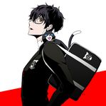  amamiya_ren bag black_hair blue_eyes brown_eyes cat eyelashes gelze glasses looking_back male_focus morgana_(persona_5) persona persona_5 school_bag school_uniform short_hair shuujin_academy_uniform simple_background 