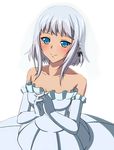  blue_eyes blush breasts bridal_veil cleavage collarbone dress elbow_gloves gloves hands_clasped kanase_kanon medium_breasts own_hands_together short_hair_with_long_locks sidelocks silver_hair sleeveless sleeveless_dress smile solo standing strapless strapless_dress strike_the_blood transparent_background upper_body veil wedding_dress white_dress white_gloves 