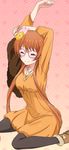  arms_up black_legwear brown_hair closed_eyes dress eyebrows_visible_through_hair flower glasses hair_flower hair_ornament jewelry long_hair long_legs moon_necklace necklace nisekoi orange_dress pantyhose short_hair_with_long_locks sidelocks sitting smile solo tachibana_marika yellow_flower 