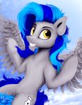  2016 blue_hair equine fan_character feathered_wings feathers fur grey_fur hair hooves mammal my_little_pony pegasus salterino smile solo wings yellow_eyes yellow_feathers 