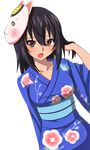  :d artist_request bad_source black_hair blue_kimono blush brown_eyes collarbone dutch_angle hair_ornament hand_in_hair head_tilt himeragi_yukina japanese_clothes kimono long_hair looking_at_viewer mask mask_on_head open_mouth sash shiny shiny_skin smile solo standing strike_the_blood transparent_background yukata 