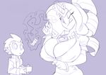  big_breasts bigdad breasts clothed clothing duo female horn humanoid jewelry magic male necklace nipple_bulge purple_theme sketch standing 