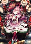  akkijin amaymon candy demon_girl demon_tail dress flower food hair_flower hair_ornament lollipop looking_at_viewer official_art pink_hair red_eyes red_ribbon ribbon shinkai_no_valkyrie solo spiral tail thighhighs tongue tongue_out white_dress 