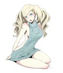  blonde_hair blue_eyes blush breasts eyelashes full_body gelze hair_ornament hairclip long_hair looking_at_viewer meme_attire open_mouth pale_skin persona persona_5 sideboob simple_background sitting solo takamaki_anne twintails virgin_killer_sweater white_background 