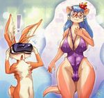  1boy 1girl artist_request dog furry nosebleed rabbit virtual_reality 