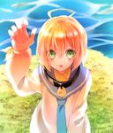  ahoge blonde_hair child collar grass green_eyes laphicet_(tales) male_focus open_mouth sen_(senchaaa) solo tales_of_(series) tales_of_berseria teeth upper_body water 