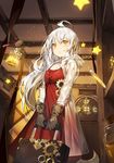 ahoge breasts brown_gloves cleavage dress from_below gears gloves indoors lips long_hair looking_away luggage medium_breasts original pointy_ears red_dress serious silver_hair solo star sukja tail vial wooden_wall yellow_eyes 