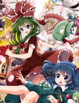  aki_minoriko blue_eyes blue_hair blush bow crying crying_with_eyes_open dress front_ponytail green_hair hair_bobbles hair_bow hair_ornament highres hina_ningyou kagiyama_hina kawashiro_nitori kochiya_sanae moriya_suwako multiple_girls red_dress ruu_(tksymkw) short_hair tears touhou two_side_up yasaka_kanako 