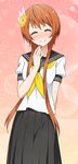  arm_behind_back black_skirt brown_hair closed_eyes collarbone cowboy_shot eyebrows_visible_through_hair flower hair_flower hair_ornament head_tilt long_hair neckerchief nisekoi school_uniform serafuku shirt short_hair_with_long_locks sidelocks skirt smile solo standing tachibana_marika white_shirt yellow_flower yellow_neckwear 