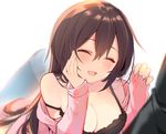  :d ^_^ bare_shoulders blurry blush breasts brown_hair cardigan chin_rest cleavage closed_eyes depth_of_field eyebrows eyebrows_visible_through_hair hair_between_eyes head_tilt long_sleeves mayachi_(amuriya) medium_breasts open_cardigan open_clothes open_mouth original simple_background sleeves_past_wrists smile solo_focus strap_slip white_background 