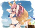 animal_ears bikini blue_bikini breasts cleavage fang fang_out fate/extella fate/extra fate/grand_order fate_(series) fox_ears fox_tail groin hand_in_hair large_breasts long_hair looking_at_viewer navel open_mouth pink_hair riku_hamano solo swimsuit tail tamamo_(fate)_(all) tamamo_no_mae_(fate) tamamo_no_mae_(swimsuit_lancer)_(fate) yellow_eyes 
