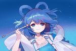  ainy77 bad_id bad_pixiv_id blue_dress blue_eyes blue_hair collarbone commentary_request dress gradient gradient_background hagoromo hair_ornament hair_stick kaku_seiga puffy_short_sleeves puffy_sleeves shawl short_sleeves sky smile solo star_(sky) starry_sky touhou vest 