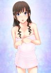  amagami black_hair blue_eyes blush breasts cleavage curly_hair face kishida-shiki long_hair medium_breasts morishima_haruka naked_towel solo towel 