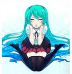  aqua_hair blush closed_eyes fasces gradient_hair hatsune_miku long_hair multicolored_hair sitting skirt solo thighhighs very_long_hair vocaloid wariza 