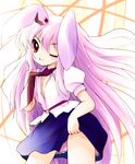  animal_ears breasts bunny_ears cleavage highres long_hair medium_breasts necktie no_bra one_eye_closed open_clothes open_shirt purple_hair red_eyes reisen_udongein_inaba shirt skirt skirt_lift solo touhou very_long_hair yume_shokunin 