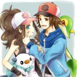  1girl :&lt; aheim bad_id bad_pixiv_id baseball_cap blue_eyes brown_eyes brown_hair curly_hair gen_5_pokemon hat jacket oshawott pokemon pokemon_(creature) pokemon_(game) pokemon_bw ponytail smile snivy tank_top touko_(pokemon) touya_(pokemon) vest 