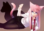  alternate_hairstyle animal_ears bad_id bad_pixiv_id bespectacled blue_eyes cat_ears cat_tail glasses kemonomimi_mode legs long_hair lying megurine_luka nana_mikoto on_side pantyhose pink_hair skirt smile solo tail vocaloid 