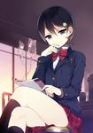  black_hair blazer blue_eyes bow crossed_legs finger_to_mouth hair_ornament hairclip intravenous_drip jacket nanako-san_no_scenario sasamori_tomoe school_uniform short_hair sitting skirt solo thighs 