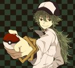  bad_id bad_pixiv_id bangle baseball_cap bracelet checkered green_eyes green_hair hat holding holding_poke_ball jewelry male_focus n_(pokemon) pointing poke_ball pokemon pokemon_(game) pokemon_bw ponytail popped_collar smirk solo yan_(artist) 