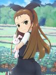  bow brown_eyes brown_hair forehead hair_bow highres idolmaster idolmaster_(classic) long_hair looking_back minase_iori solo stuffed_animal stuffed_bunny stuffed_toy yooguru 