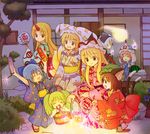  6+girls animal_ears bucket cat_ears cat_tail chen cirno eijima_moko fireworks food fox_tail fruit horn hoshiguma_yuugi in_bucket in_container japanese_clothes kimono kisume konpaku_youmu konpaku_youmu_(ghost) multiple_girls multiple_tails night saigyouji_yuyuko senkou_hanabi sparkler tail touhou watermelon yakumo_ran yakumo_yukari 