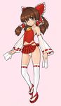  adapted_costume alternate_costume armpits bare_shoulders bow brown_eyes brown_hair clog_sandals detached_sleeves hair_bow hakurei_reimu kuontendou legs microskirt ofuda panties see-through short_hair simple_background skirt solo tabi thighhighs touhou underwear 