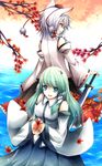  animal_ears bad_id bad_pixiv_id detached_sleeves frog green_eyes green_hair hair_ornament inubashiri_momiji kochiya_sanae long_hair multiple_girls nicole_(lion) red_eyes short_hair silver_hair sword tail touhou weapon wolf_ears wolf_tail 