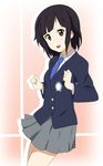  black_hair blazer blush brown_eyes face ikari_manatsu jacket necktie open_mouth original school_uniform short_hair skirt solo 