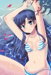  armpits arms_up bikini blue_eyes blue_hair idolmaster idolmaster_(classic) kazuchi kisaragi_chihaya long_hair navel partially_submerged petals solo striped striped_bikini swimsuit water 