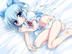  barefoot blue_eyes blue_hair bow cirno hair_bow jewelry marusuke panties ring short_hair solo touhou underwear wings 